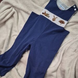 Ruffles And Racks Smocked Blue Overalls with Animal Embroidery 2T